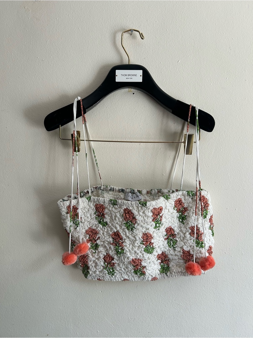 Ash & Eden Asaba White Floral Crop Top Smocked Blouse Stretchy Medium PomPom